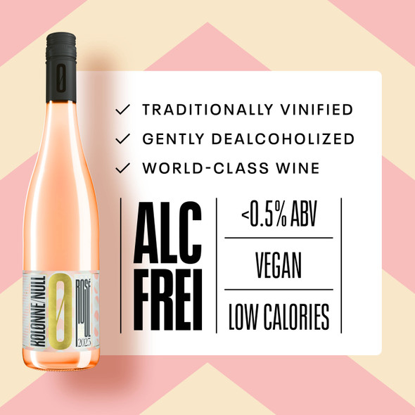 Kolonne Null Rosé poured in a wine glass at a fine-dining table — alcohol-free still rosé wine