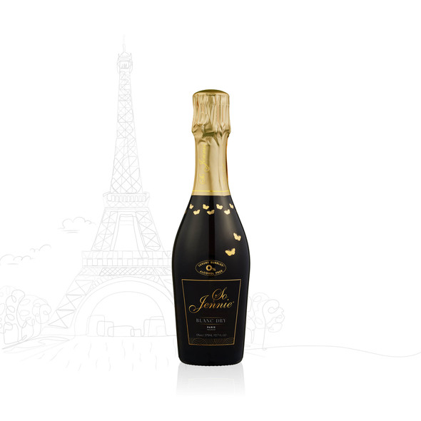 So Jennie Paris Blanc Dry bottle — 0.0% non-alcoholic French dry sparkling white, 375ml half-bottle, by Zepeim USA