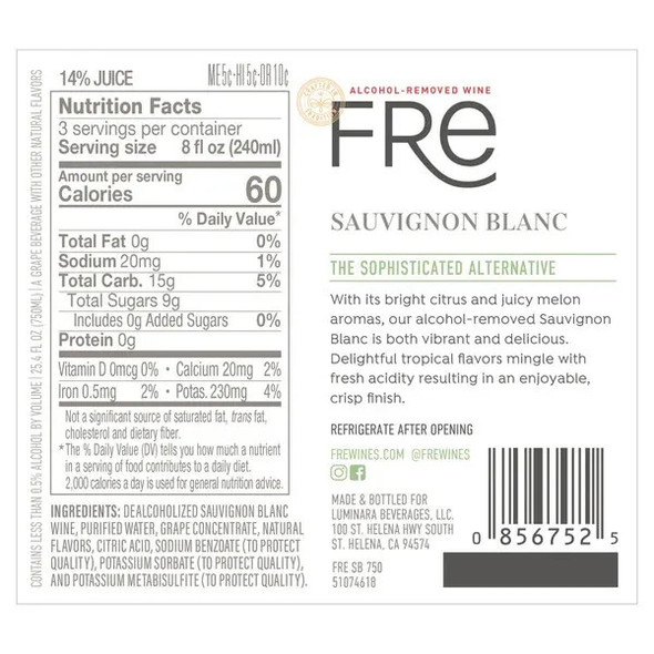 Sutter Home FRE Sauvignon Blanc non-alcoholic white wine bottle