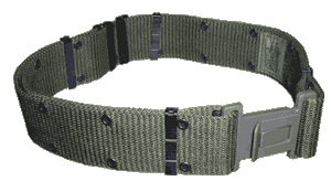 "Keep your pistol, canteen, flashlight, knives, or pouches accessible at all times. U.S. Government Issue pistol belt is made of heavy-duty 2 1/4 in. wide nylon with quick-disconnect PVC clasp. Olive Drab. "Keep your pistol, canteen, flashlight, knives, or pouches accessible at all times. U.S. Government Issue pistol belt is made of heavy-duty 2 1/4 in. wide nylon with quick-disconnect PVC clasp. Olive Drab.