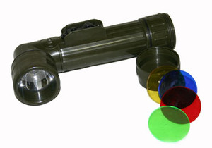 Angle Head Flashlight complete with color lenses. Requires two D-Cell batteries. (not included)
 Angle Head Flashlight complete with color lenses. Requires two D-Cell batteries. (not included)
