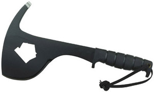 If you are not familiar, this axe was originally adopted by U.S. Military in WWII as an emergency crash axe, to aide in fire fighting and emergency rescue. It is a combination of knife, hatchet or pick axe depending on the situation and is still used by many fire depts. The SP16 SPAX special purpose axe is the next generation in military survival tools.
It's 1/4" thick hardened 1095 carbon steel full tang construction has a 4" axe head that is wide and razor sharp. On the opposing edge of the blade is a pick axe which can double as a wedge or pry bar. It is finished in a non-reflective black epoxy powder coating. The center cut outs, on the axe head, are useful for turning on hydrants or turning off a gas valves. The comfortable Kraton® polymer grooved handle has internal guards, a lanyard hole and wrist strap.
Sheath is side loading with 3 snaps, and features a pivot ring and a quick release buckle and leather strap for attaching to your gear. Molle straps allow for pack or vest attachment. Choose from 2 styles: Black Shealth is a combination of Cordura and leather, or you can choose the ACU digital green Cordura belt sheath.
Measures 13" overall.
Weighs 1.95 lbs.
Comes With Sheath. If you are not familiar, this axe was originally adopted by U.S. Military in WWII as an emergency crash axe, to aide in fire fighting and emergency rescue. It is a combination of knife, hatchet or pick axe depending on the situation and is still used by many fire depts. The SP16 SPAX special purpose axe is the next generation in military survival tools.
It's 1/4" thick hardened 1095 carbon steel full tang construction has a 4" axe head that is wide and razor sharp. On the opposing edge of the blade is a pick axe which can double as a wedge or pry bar. It is finished in a non-reflective black epoxy powder coating. The center cut outs, on the axe head, are useful for turning on hydrants or turning off a gas valves. The comfortable Kraton® polymer grooved handle has internal guards, a lanyard hole and wrist strap.
Sheath is side loading with 3 snaps, and features a pivot ring and a quick release buckle and leather strap for attaching to your gear. Molle straps allow for pack or vest attachment. Choose from 2 styles: Black Shealth is a combination of Cordura and leather, or you can choose the ACU digital green Cordura belt sheath.
Measures 13" overall.
Weighs 1.95 lbs.
Comes With Sheath.