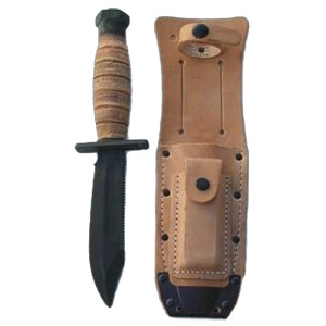 Genuine U.S. Air Force and Navy Pilots survival knife. Saw edge, hexagonal butt, steel guard, leather handle and carbon parkerized blade. Riveted sheath comes with sharpening stone and leg tie. 5" blade, 9 ½" overall length. Made in the USA by Ontario Knife Co. Condition, New.
Description
499 Survival Knife & Sheath
This knife isused by
several branches
of the U.S. Armed Forces.
Featuresinclude:
•Sawteeth on spine
•Steel butt cap
•Leather sheath with
sharpening stone and tie down cord. Genuine U.S. Air Force and Navy Pilots survival knife. Saw edge, hexagonal butt, steel guard, leather handle and carbon parkerized blade. Riveted sheath comes with sharpening stone and leg tie. 5" blade, 9 ½" overall length. Made in the USA by Ontario Knife Co. Condition, New.
Description
499 Survival Knife & Sheath
This knife isused by
several branches
of the U.S. Armed Forces.
Featuresinclude:
•Sawteeth on spine
•Steel butt cap
•Leather sheath with
sharpening stone and tie down cord.