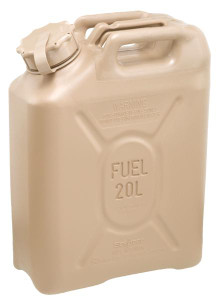 
NSN: 7240-01-337-5268 AM Sand Scepter P/N 05577

Features of the Scepter Military Fuel Can
*Easy-to-open twist cap can be operated while wearing environmental or NBCW protective clothing.
*Flat-sided and rectangular shape.
*Three integral handles; carry two cans in each hand.
*Air-vent tube in neck keeps pouring smooth.
*Air chamber at the top; the container will float.
*Burns in a fire, but will not explode.
*Fits standard pattern vehicle brackets for liquid storage containers.
*Inside threads accept adapters for stoves and heaters