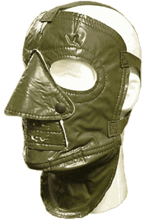 Keep warm with this U.S. Military Extreme Cold Weather Mask.
Rayon & Wool felt lining. Vinyl outside covering.
Nose and ventilated mouth covering snap open.
Adjustable head strap to support different head sizes.

All masks used in good condition.