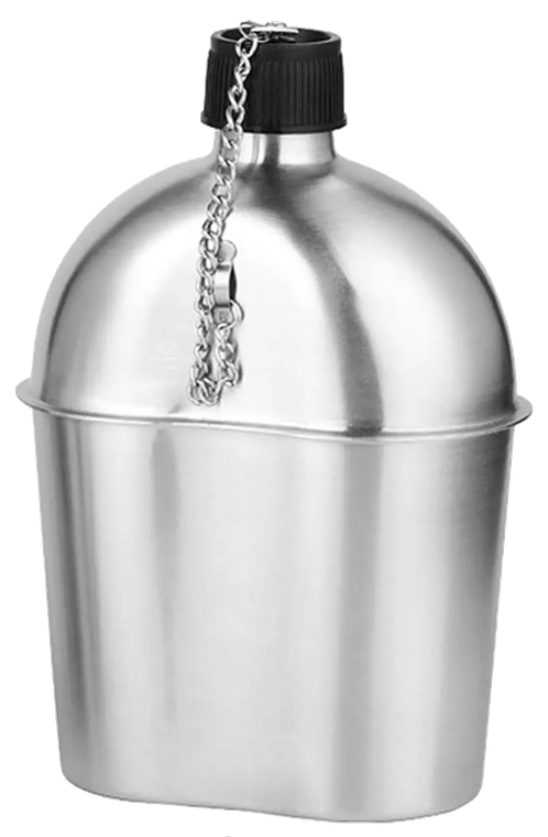 This canteen is a 1 quart food grade stainless steel replica of the canteen used in WWII. Like the original, this canteen comes with a plastic screw cap and chain to prevent its being lost in the field
