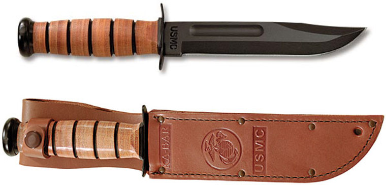 The most famous fixed blade knife in the World - "the KA-BAR" - was designed to serve our troops during World War II and is still doing its job, with honors, more than 50 years later.

Specifications

    Weight: 0.68 lbs
    Blade length 7"
    Overall length 11-7/8"
    Grind: Flat
    Shape: Clip
    Handle Material: Leather
    Stamp: USMC
    HRC: 56-58
    Edge Angle: 20 Degrees
    Butt Cap /Guard: Powdered Metal / 1095 Carbon
    Steel: 1095 Carbon
    Sheath: Leather