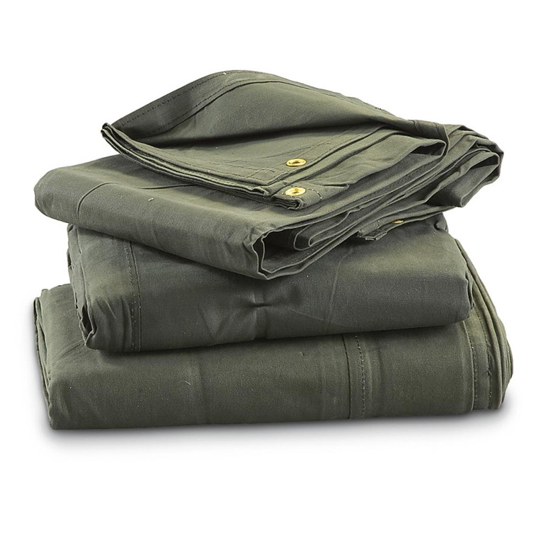 Military grade canvas Tarps. 10 oz. Canvas, OD green, Waterproof tough and durable. Grommets on edges for easy tie down.

Made in U.S.A