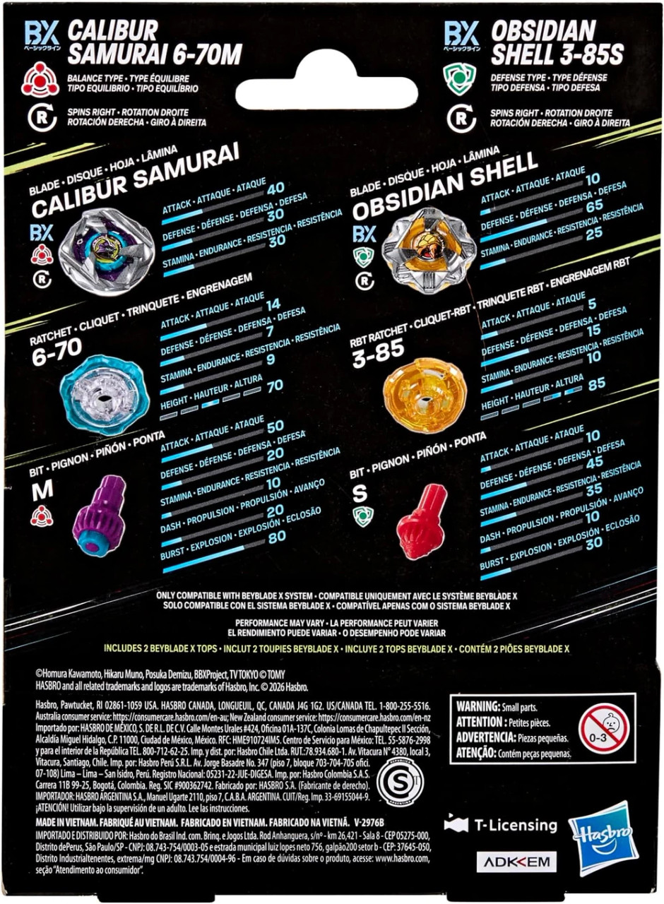 HASBRO Calibur Samurai & Obsidian Shell Dual Pack Beyblade X Dual