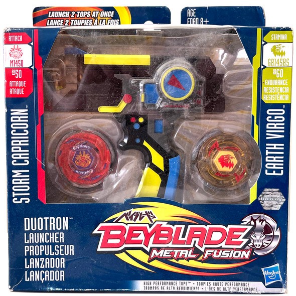 HASBRO Metal Fusion Duotron Beyblade Dual Launcher w/ Storm Capricorn & Earth Virgo