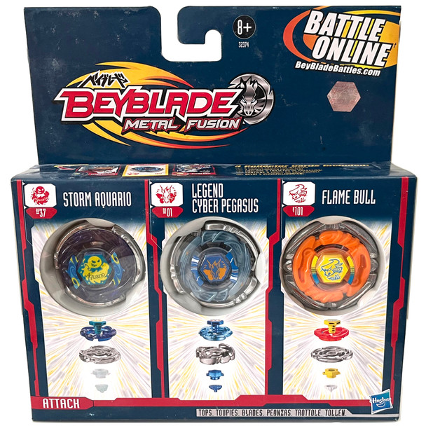 HASBRO Beyblade Metal Fusion 3-Pack, Attack Version, w/ Storm Aquario, Cyber Pegasis & Flame Bull