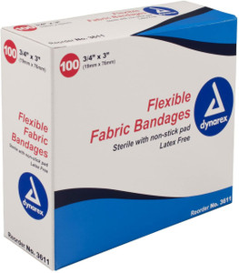 Dynarex 3611 - Adhesive Fabric Bandages, Sterile, 3/4" x 3" - Case of 24 Dynarex 3611 - Adhesive Fabric Bandages, Sterile, 3/4" x 3" - Case of 24