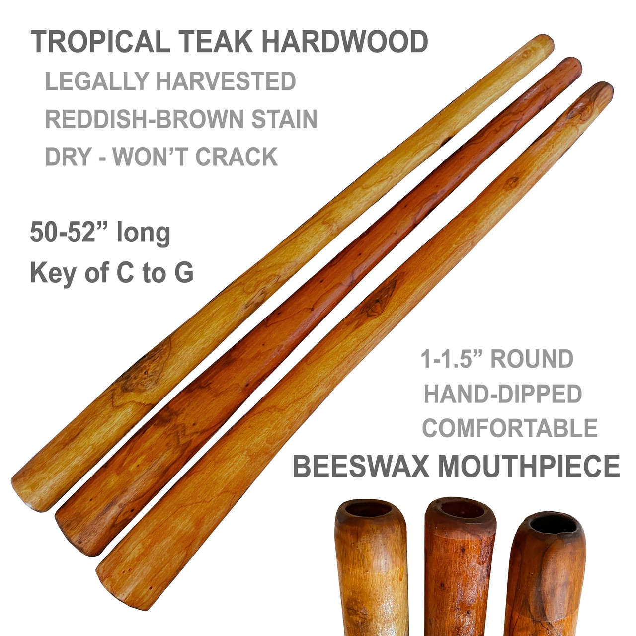 Solid Teak Hardwood Didgeridoo 52" Long Cedar Stain Key of CG