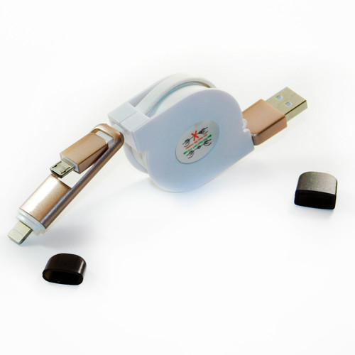 1x White Retractable 2 in 1 Micro USB Lightning Data Sync Charger iPhone