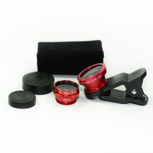 3 in 1 Red 0.65x Wide, 180, Macro Fisheye Eye Lens Camera For Cell Phone