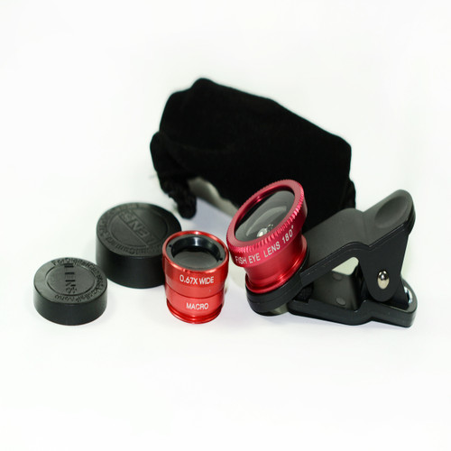 3 in 1 Red 0.67x Wide, 180, Macro Fisheye Eye Lens Camera For Cell Phone