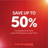 Cartridgex Compatible Cyan Ink Cartridge, promotional sale poster with red background and white text highlighting up to 50% savings, compatible with Epson WorkForce Pro WF-6590DWF and WF-6090DW printers.