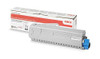 OKI 834/844 Black Toner 10K, image of a black toner cartridge with packaging box in the background.