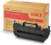 OKI 46358502 Replacement Fuser Unit for Printers, new black fuser unit placed in front of its original packaging box.