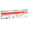 Oki Standard Toner Cartridge for Mc853/Mc873 Printers - Magenta, rectangular box with red and white packaging, depiction of the toner cartridge, and branding information.
