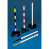 FD Freestanding Post Red/White 371441, image of three freestanding posts in black, red/white striped, and plain white, with two white safety barrier poles lying in front on a blue background.