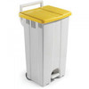 Grey 90 Litre Plastic Pedal Bin With Yellow Lid, product image of a large grey plastic pedal trash bin with a yellow lid and handle for disposal and waste management.