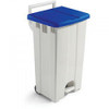 Grey 90 Litre Plastic Pedal Bin With Blue Lid, modern waste disposal bin with pedal operation for hands-free opening, ideal for home or office use.