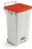 FSMISC FD 90L Mobile Pedal Bin Lid Red, a large grey trash bin with a red pedal lid for hands-free waste disposal.