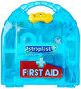 Wallace Cameron 1002656 Astroplast + First Aid Kit, transparent blue plastic first aid kit with yellow handle and medical symbols, measuring 30.0 cm by 27.0 cm by 10.2 cm.