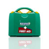 Astroplast Wallace Cameron 1002657 First Aid Kit, BSI-8599, Large, green plastic first aid kit with yellow accents and a carrying handle.