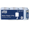 Tork Basic Centrefeed Wiping Paper Blue M2, cost-efficient paper towels, 6 rolls of 150 meters each, blue color, designed for dispensing and cleaning in commercial and industrial settings.
