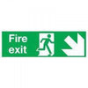 SIGNSLAB E99S/S Safety Sign 'Fire Exit Running Man Arrow - Down/Right', Self-Adhesive, 150 mm x 450 mm, green and white fire exit directional safety sign with running man icon and arrow pointing down and right.