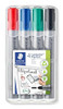 STAEDTLER 356 WP4 Lumocolor Flipchart Markers - Assorted Colours (Pack of 4), set of four colorful markers in red, blue, green, and black inside a clear plastic case.