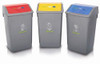 ADDIS Recycling Bin Kit Bases No Lids, Plastic, Multi-Colour, 60 Litre, Pack of 3, showing three plastic recycling bins in red, yellow, and blue with different colored lids and recycling icons on the front.