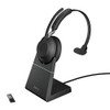 Jabra Evolve2 65 Wireless PC Headset with Charging Stand, black mono headphones with noise cancelling, long-lasting battery, USB-A Bluetooth adapter, and included charging stand.