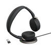 Jabra Evolve2 65 Flex - Stereo Headset with Bluetooth, Wireless Charging Pad, Noise-cancelling Jabra ClearVoice Technology and Hybrid ANC - Certified for MS Teams in black, featuring over-ear design with boom microphone and wireless charging base.