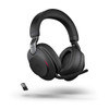 Jabra Evolve2 85 Wireless PC Headset with Charging Stand, noise-canceling stereo headphones, Microsoft Teams certified, with long-lasting battery, USB-A Bluetooth adapter, in black color.