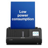 Epson ES-C380W Workforce Ultra-compact Wi-Fi 30ppm Auto Feed, PC-Free Colour Scanner, scanning a document with a message about low power consumption.