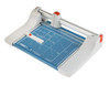 Dahle 440 Rotary Trimmer, blue cutting tool for up to 35 sheets of paper, with a cutting blade and paper guide on a blue grid cutting surface.