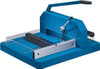 Dahle Heavy Duty Cutter, industrial paper cutting tool with blue and black design featuring a lever handle, cutting blade, and transparent safety guard.