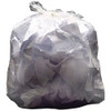 2Work Medium Duty Refuse Sack Clear, Pack of 200, filled with crumpled papers inside a transparent plastic trash bag.
