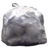 2Work Swing Bin Liner 45 Litre White, a large transparent plastic bag filled with crumpled papers and waste, suitable for waste disposal.