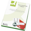 Q-Connect Multipurpose Labels 99.1x93.1mm 6 Per Sheet White (Pack of 600), image showing a box of multi-purpose white labels with a sheet of labels and a stamp.