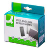 Q-Connect Wet and Dry Wipes (20 Pack), packaging box showing wet and dry wipes for electronic screens cleaning, with images of a smartphone and a laptop on the front.