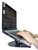 Q-Connect Aluminium Laptop Stand - Black, ergonomic black laptop stand supporting a silver laptop with a person's hands typing.