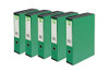 Q-Connect 75mm Box File Foolscap Green (5 Pack), green colored storage boxes for documents with a circular label holder on the spine.