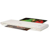 Q-CONNECT A3 Professional Laminator, white desktop laminating machine with a sheet of colorful photo being laminated.