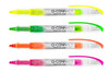 Q-CONNECT Liquid Ink Highlighter - Assorted Colours (Pack of 4), close-up of four highlighters in yellow, green, orange, and pink with transparent body and colored caps.