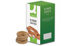 Q-Connect Rubber Bands No.64, box of 500g with rubber bands shown outside the box, perfect for bundling and organizing items.