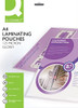 Q-Connect A4 Laminating Pouch 250 Micron (25 Pack), transparent laminated pouch in packaging with product details and specifications.